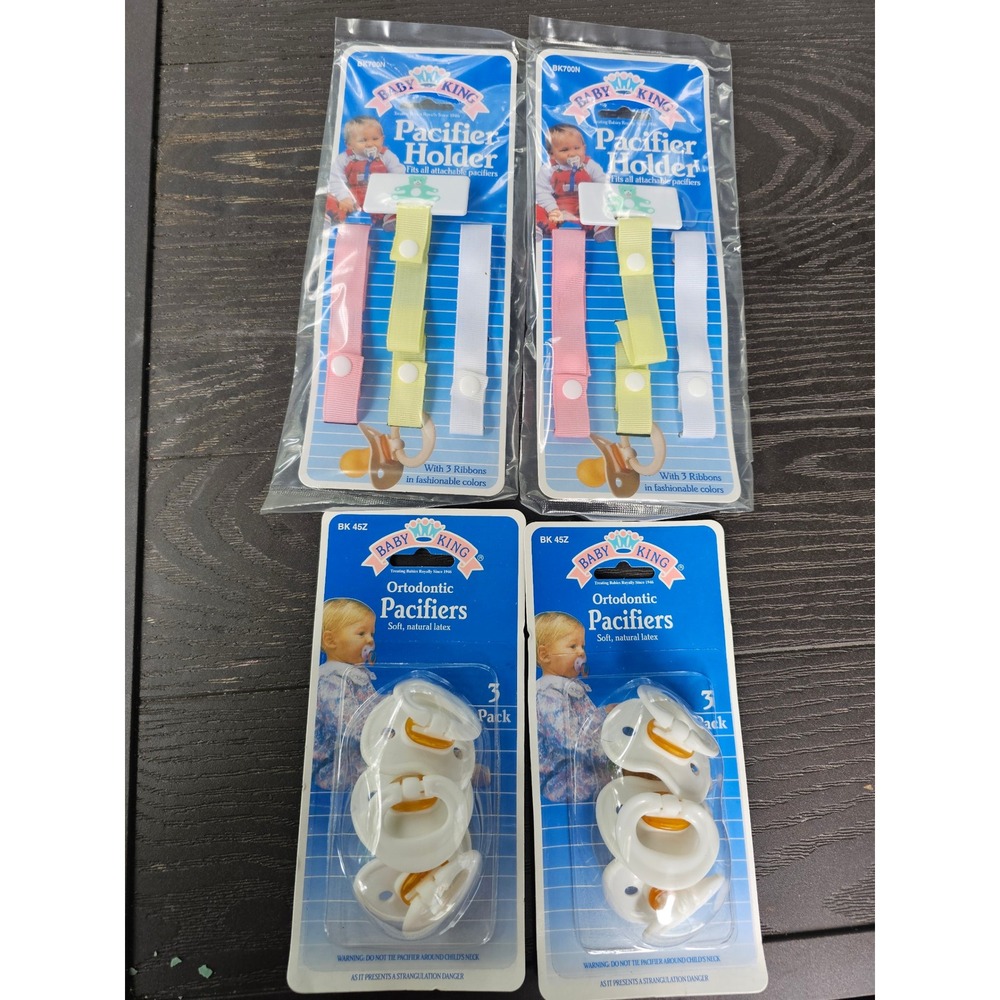 Vintage Baby King Orthodontic Pacifiers and Holders Set BK700N BK45Z 1990s 4pk